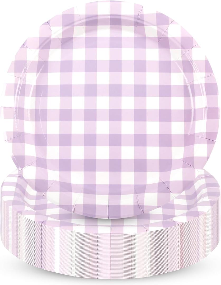 48Pcs 7 Inches Gingham Party Supplies Purple Paper Plates Disposable Plaid Decorative Dinner Dessert Serving Plates for Baby Shower Wedding Birthday Party