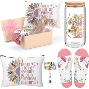 Skylety 5 Pcs Physical Therapy Gifts for Women 16 oz Glass Cup Socks Cosmetic Bag Badge Holder PT Appreciation Gift Box for Coworker Physical Therapist Gift Graduation Birthday