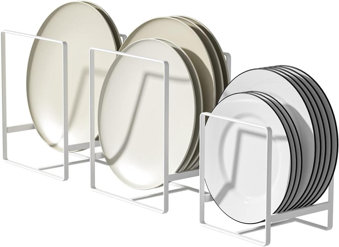 2 Large 1 Small Plate Organizers Holders Upright Cabinet Dish Drying Racks Metal Plate Dish Organizers Racks Stands for Countertop and Cupboard White