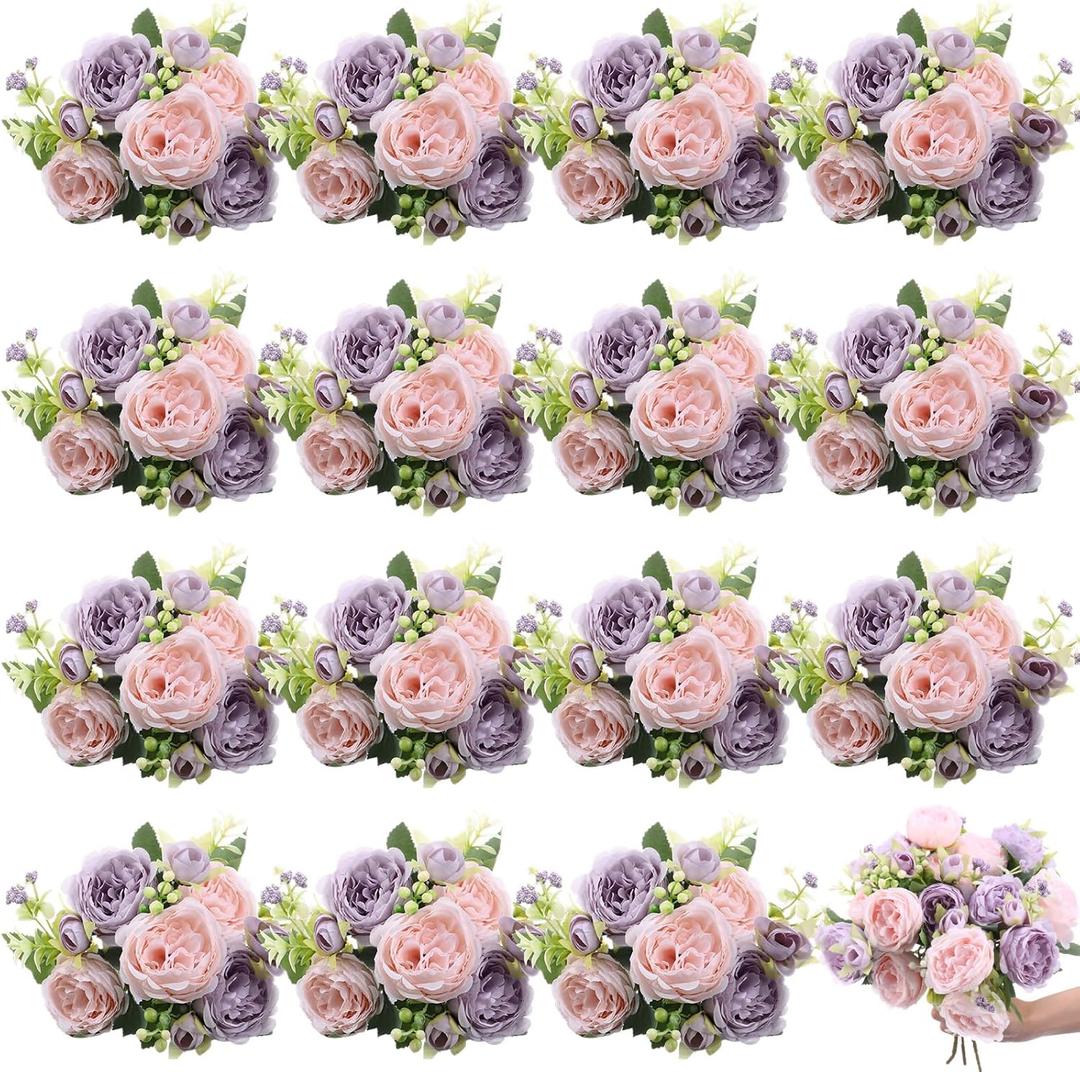 16 Bundles Artificial Peonies Silk Peonies Faux Flower Bouquet Fake Peony Flower Arrangements Table Centerpieces for Vase Wedding Party Boho Home Office Decoration Bulk (Pink, Purple)