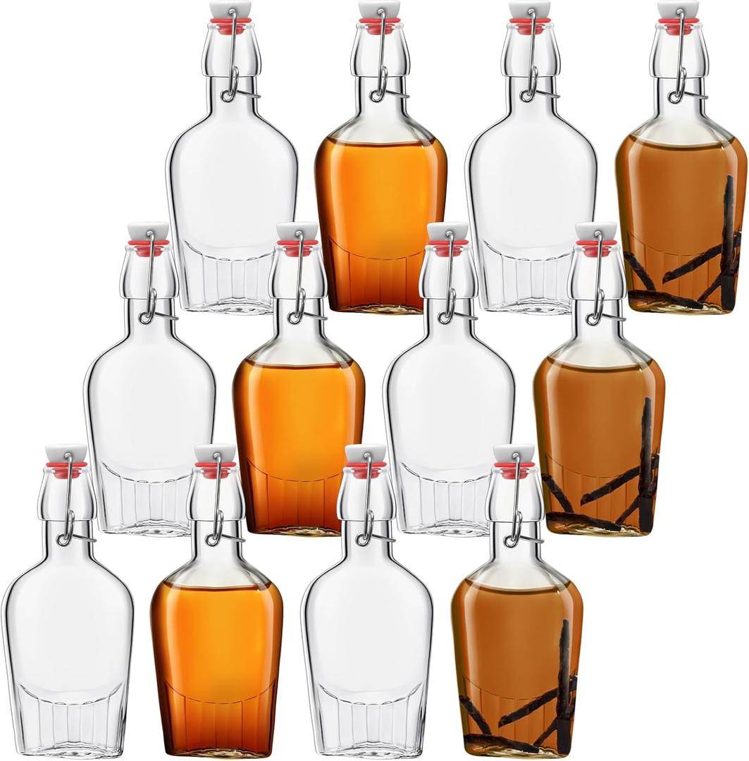 Jinei 12 Pcs Whisky Glass Flask Swing Top Glass Bottles Vanilla Extract Bottles Men Liquor Flask for Homemade Vanilla Extract, Lemoncello, Kombucha, Water Kefirm Apply Christmas Wedding Gifts(5.5 Oz)