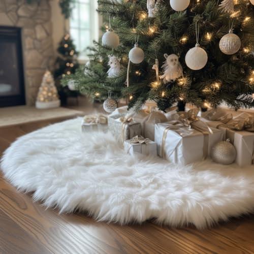 AISENO 48 Inch White Faux Fur Christmas Tree Skirt, Luxury Plush Tree Base Cover for Holiday Party and Home Christmas Decor