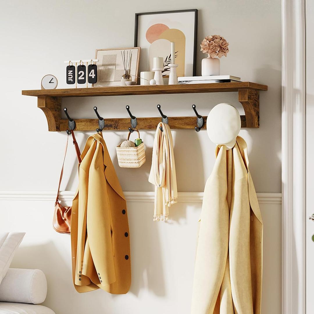 RALGEND Coat Rack Wall Mount Shelf, 29" Long Entryway Shelf with 6 Hooks, Coat Hangers for Living Room, Farmhouse Wooden Wall Floating Shelves for Bathroom, Bedroom, Kitchen, Rustic Brown 7401BJBF