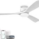 52 Inch Smart Low Profile Ceiling Fans,Solid Wood Outdoor Indoor Ceiling Fan with Lights Remote,WIFI Alexa App Control,Quiet DC Motor,Dimmable LED,Modern Flush Mount Fan for Bedroom Patio,White