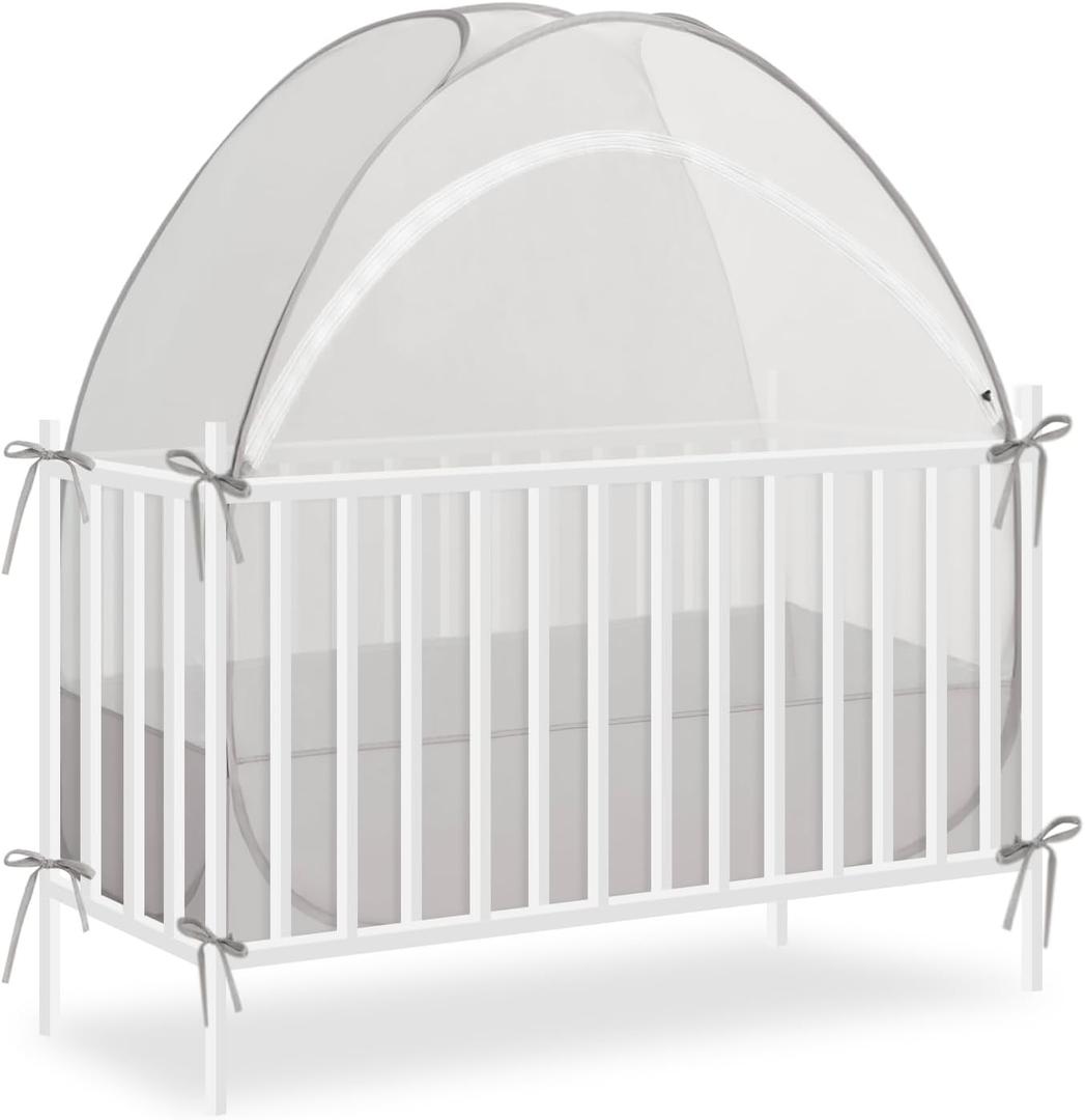 Akiky Large Pop Up Mosquito Net Crib Tent to Keep Baby from Climbing Out Baby Girl Netting Cover Canopy for Naps at Home&Traveling(Gray)