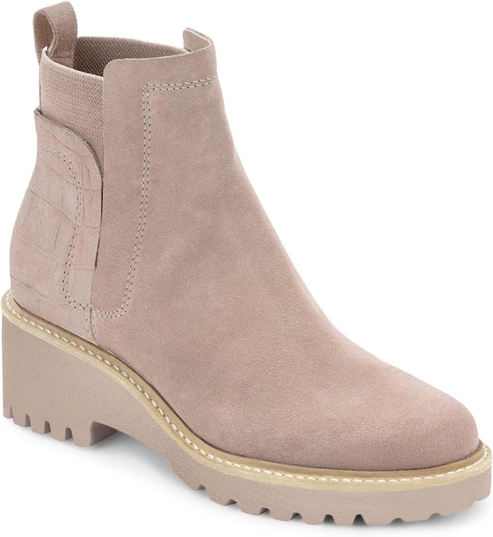 Trish Lucia Womens Platform Lug Sole Chelsea Boots Ankle High Chunky Block Heel Non-Slip Suede Leather Slip on Combat Fashion Booties (Beige)