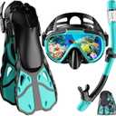 Snorkel Set with Fins for Adults, Snorkeling Gear for Adults Men and Women, Snorkle, Mask Set Adults Dry Top Snorkel Mask Combo Set with Travel Bag for Snorkeling, Diving, Swimming (Small-Medium, Cyan)
