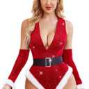 Avidlove Women Christmas Lingerie Bodysuits Sexy Deep V Plunging Teddy with Christmas Hat and Fingerless Gloves (Large)