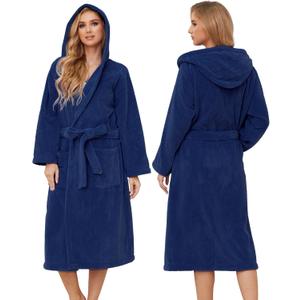 PJGGZ Hooded Bathrobes for Women, Soft Long Towel Robes for Women - Quick Dry yet Warm (Large-X-Large, Navy Blue)