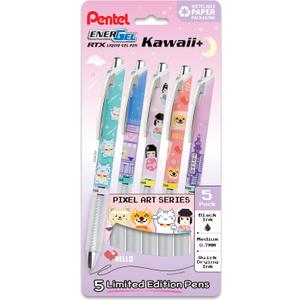 Pentel EnerGel RTX Liquid Gel Pen, Kawaii Tokyo Designs, (0.7mm), Medium Line, Black Ink, Pack of 5 (BL77KWIPF5A)