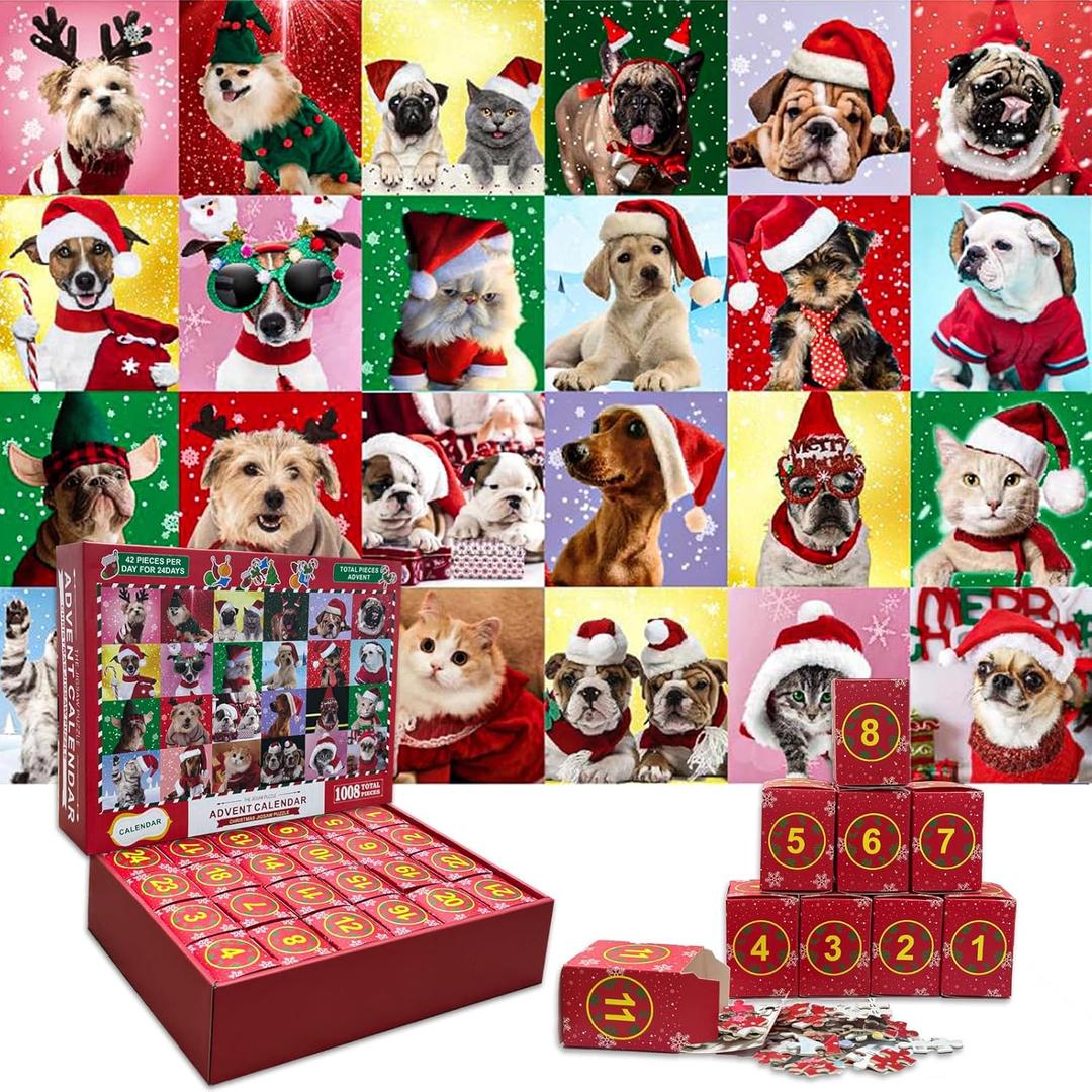 Christmas Puzzle Advent Calendar 2025,Cat Puzzles for Adult Kids senior 1008 Piece,Jigsaw Dog Puzzle 1000 Pieces Christmas Countdown Calendar 2025 for Family Entertainment Decoration Gifts (Animal)