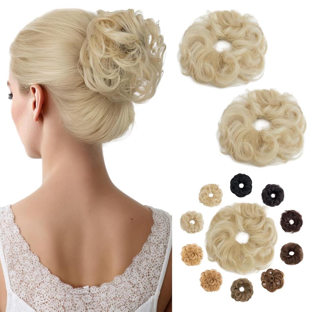 Hairro Human Hair Messy Bun, 100% Real Ponytail Hair Scrunchies, Natural Curly Chignon Fluffy Donut Updo, Hairpiece with Elastic Rubber Band for Women, 2 Count Bleach Blonde Wavy