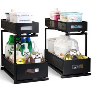Under Sink Organizer Set of 2, Heavy Duty Matte Black Metal Cabinet Organizer with Retractable Shelves, Adjustable Height, Expandable Storage for Kitchen Bathroom and Laundry Room