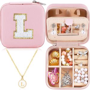 URSKYTOUS Travel Jewelry Case For Women Girls Daughter Birthday Gift from Mom Dad Jewelry Box Fashion Jewelry Organizer Holder Birthday Christmas Wedding Graduation Gift for Niece Girlfriend Sister(L) (Pink)