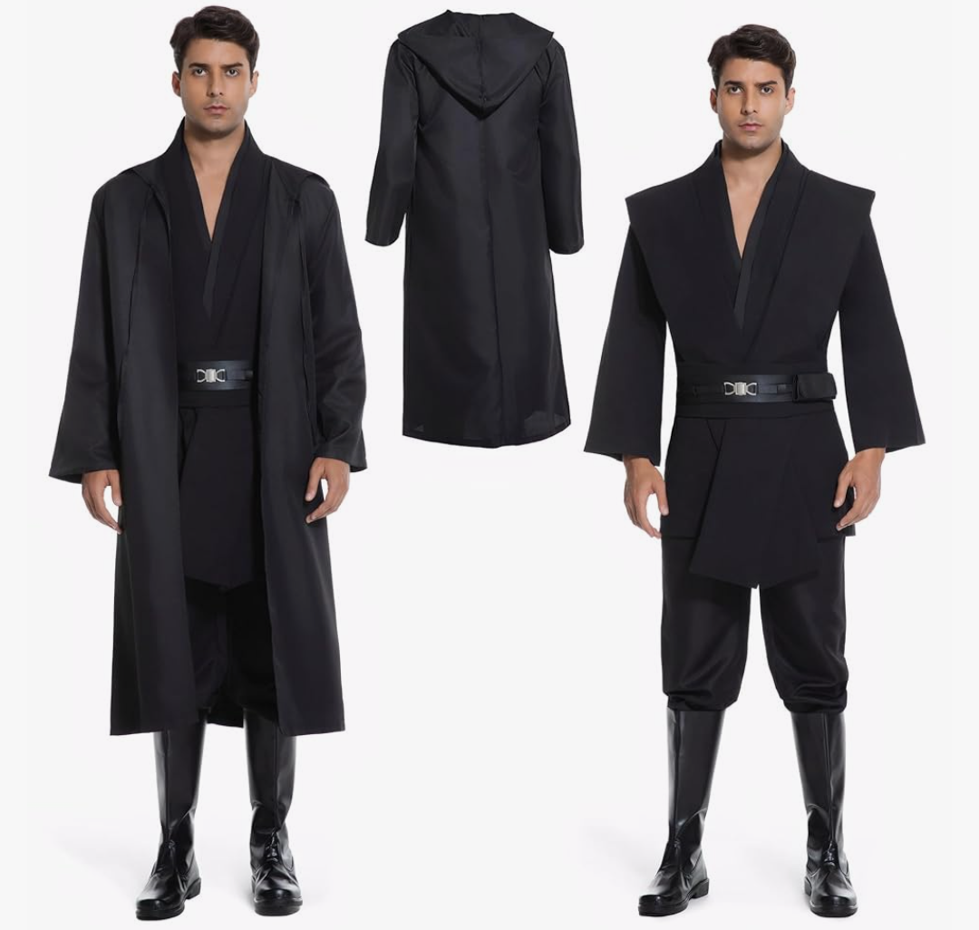 Men's Hooded Robe Tunic Cosplay Costume Knight Cloak Tunic Uniform Pants with Belt Full Set Halloween Outfits Size XL