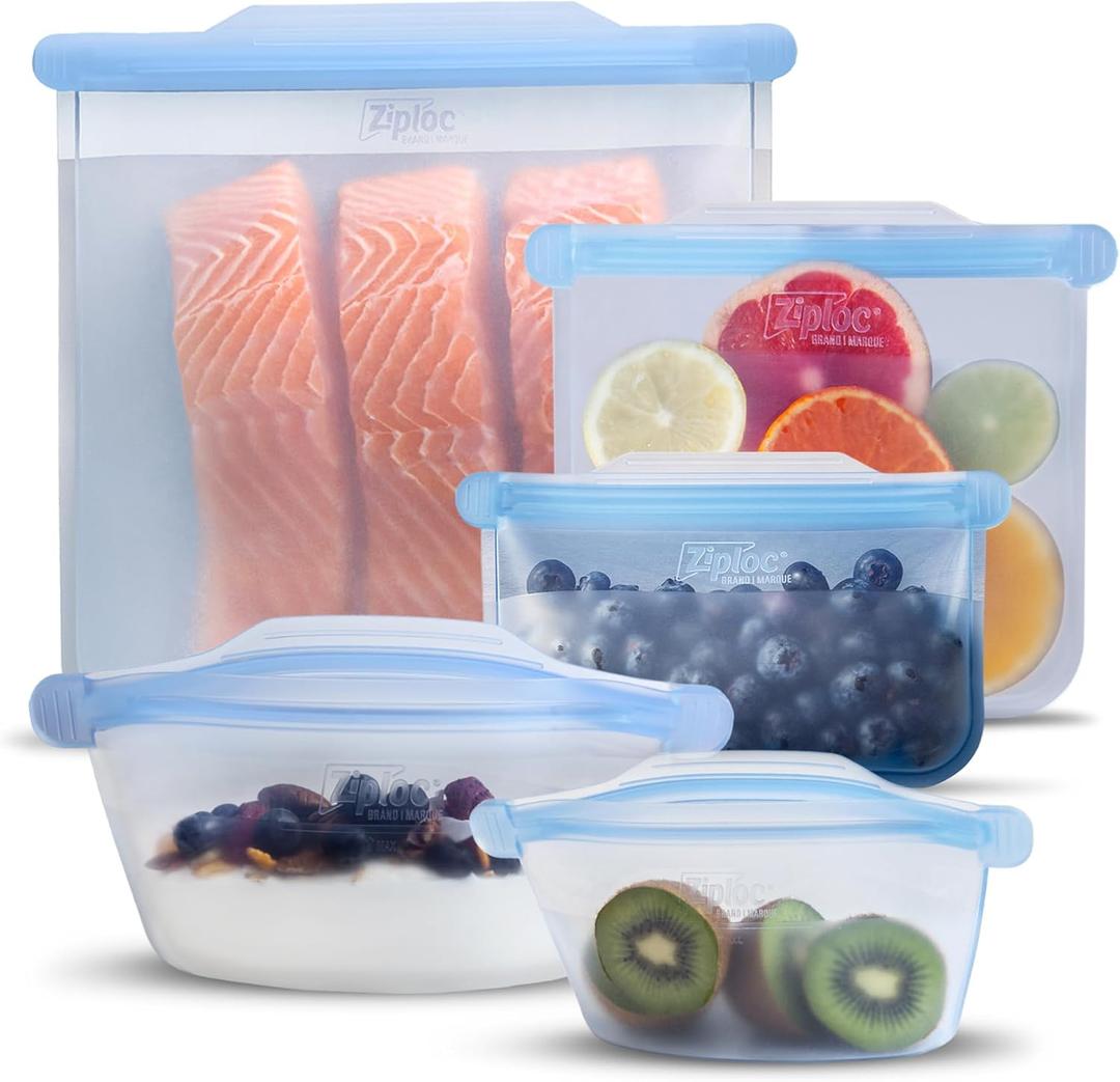 Ziploc Endurables Pouch and Containers Variety Pack, Reusable Silicone Bags and Food Storage Meal Prep Containers for Freezer, Oven, and Microwave, Dishwasher Safe, 5 Total