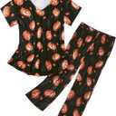American Trends Womens Pajama Sets 2 Piece Sleep Shirt Short Sleeve Cartoon Print Pj Set Tops with Capri Pants Sleepwear (Small, Black Pumpkin)