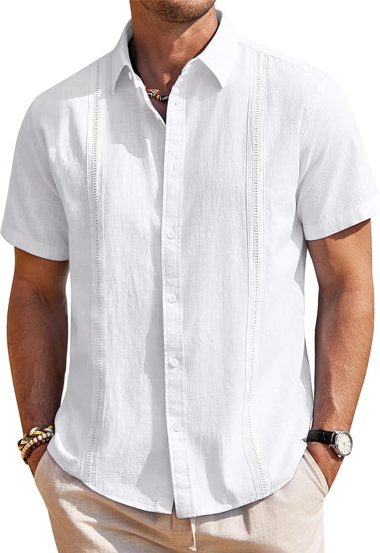 Mens Linen Shirts Short Sleeve Button Down Shirt Casual Cuban Guayabera Lightweight Summer Beach Solid Tops XL