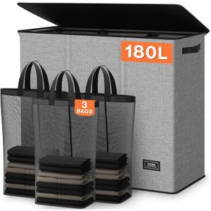 SOLEDI 180L Laundry Hamper 3 Section, Extra Large Laundry Hamper with Lid, Dirty Clothes Hamper with Sturdy Handle, Large Laundry Basket Organizer for Laundry Room, Bedroom, Hampers for Laundry (Grey)