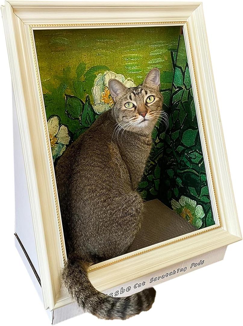 Painting Cat Scratcher for Indoor Cat Scratching Board Pad, W/Horizontal CartBoard Cat Scratcher Bed House Half-Surround Design W/Catnip (Rose, Medium - Large)