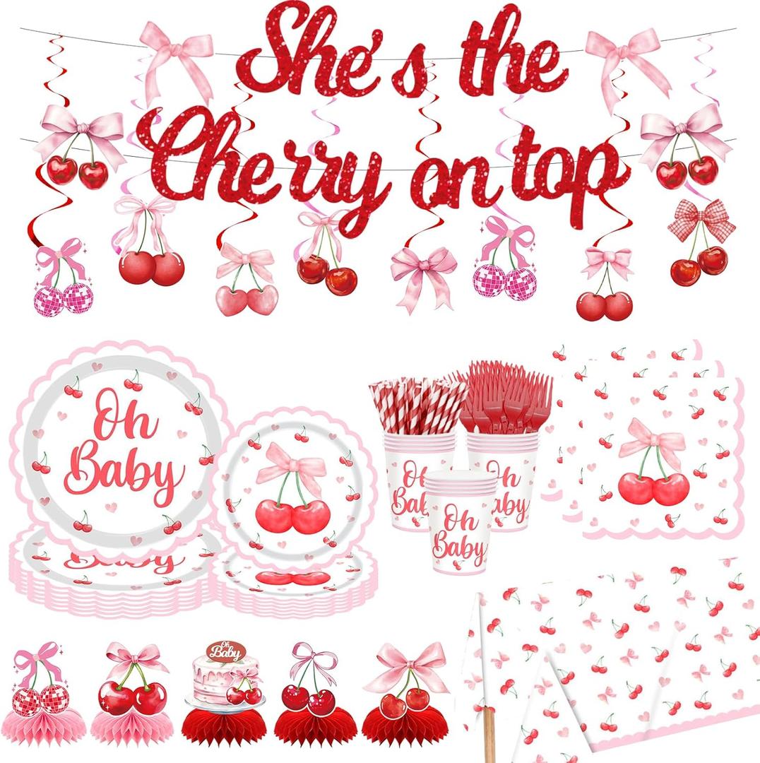 Cherry Baby Shower Decorations for Girls - Shes the Cherry On Top Themed Table Centerpieces, Banner, Hanging Swirls, Plates & Napkins, Sweet Welcome Baby Party Supplies