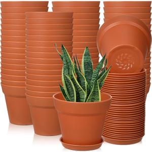 Mumufy 54 Pack 4 Inch Plant Pots Bulk Small Planter with Drainage Hole and Saucer Small Plastic Pots for Flowers Succulent Cactus and All House Indoor(Terracotta)