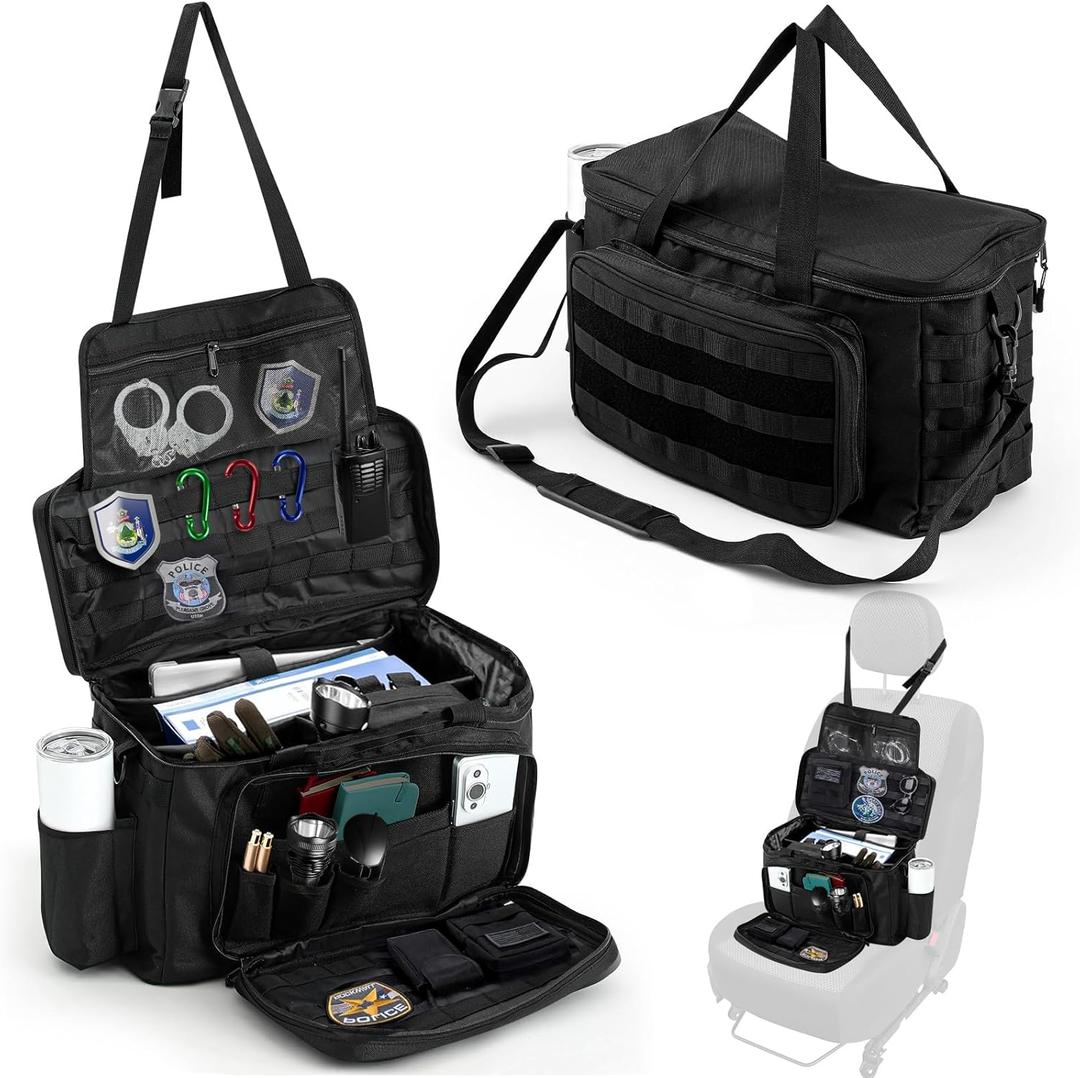 Patrol Bag organizer for Car Front Seat Law Enforcement Police Gear Organizer with Cup Holders Police Officer Duty Bag with Multiple Storage Space, Black