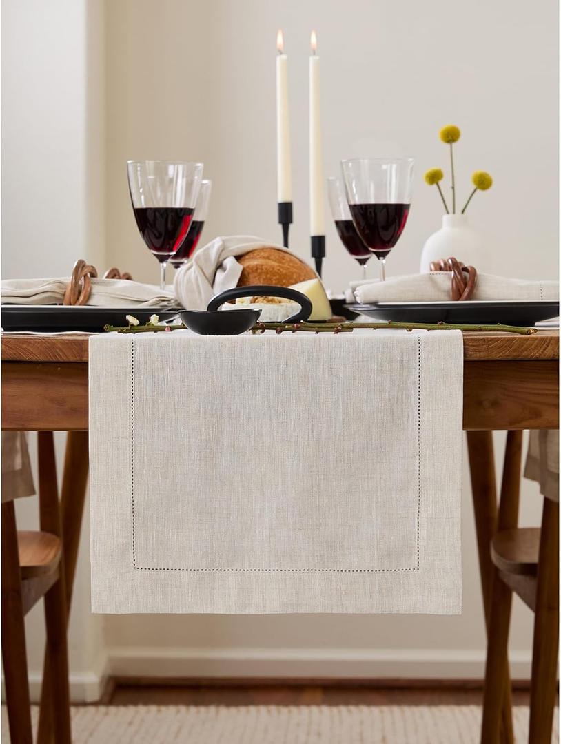 Solino Home Table Runner 90 Inches Long - 100% Pure Linen Light Natural Table Runner 14 x 90 Inch for Summer - Classic Hemstitch