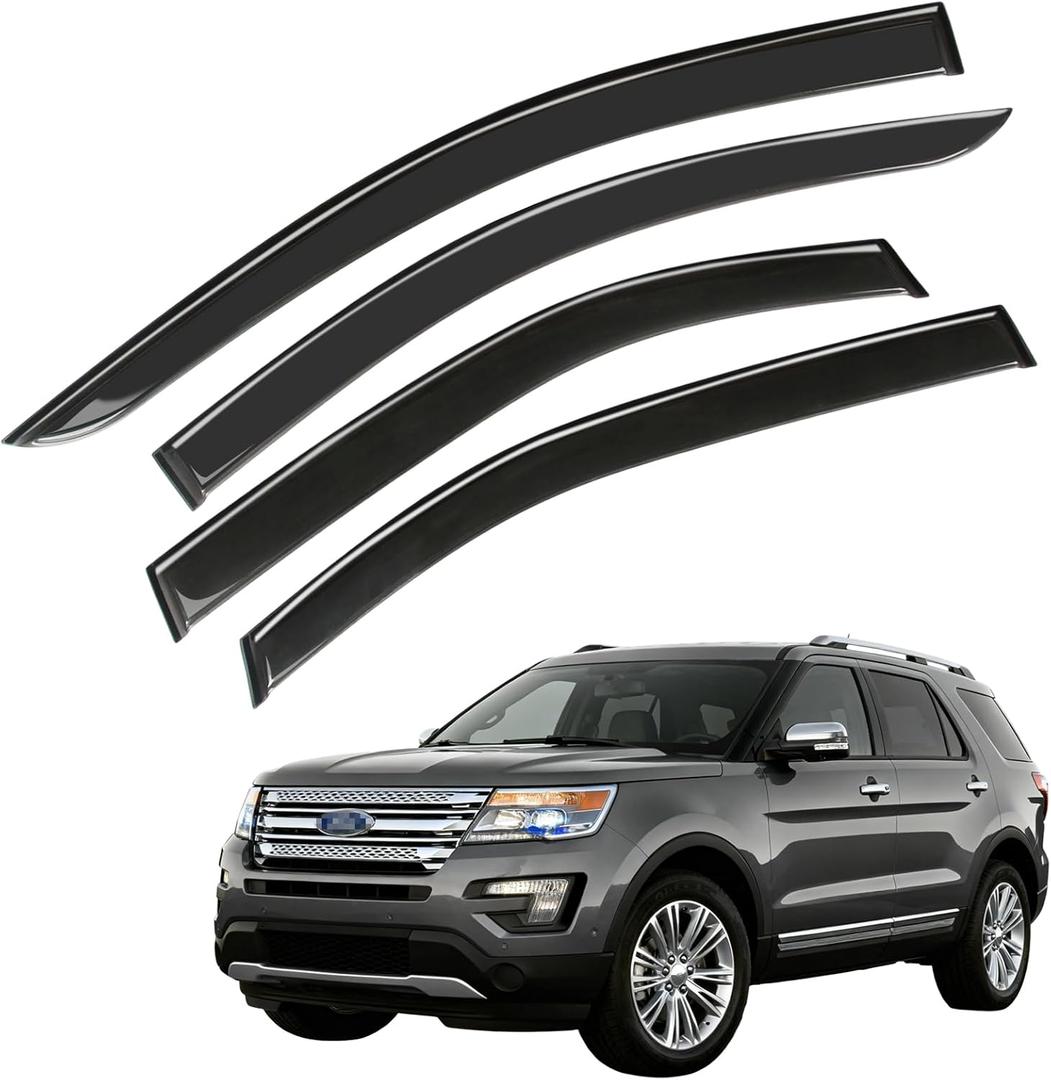 Window Visor Wind Deflector, 4PCS Tape-On Rain Guards for 2011 2012 2013 2014 2015 2016 2017 2018 2019 Ford Explorer, Outside Mount Sun Shade Side Window Vent Visors, Black