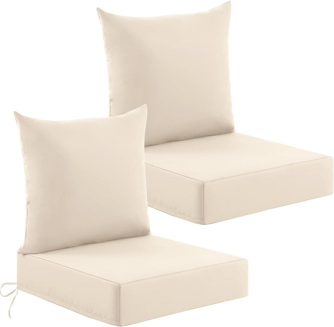 Deep Seat Patio Cushions Set of 2, 24x24x5.75 Inch, Waterproof Outdoor Chair Cushions, Fade Resistant Patio Furniture Cushions with Ties for Couch, Sofa, Lawn, Outside, Beige, 24*24+5.75/25*22.5 inch