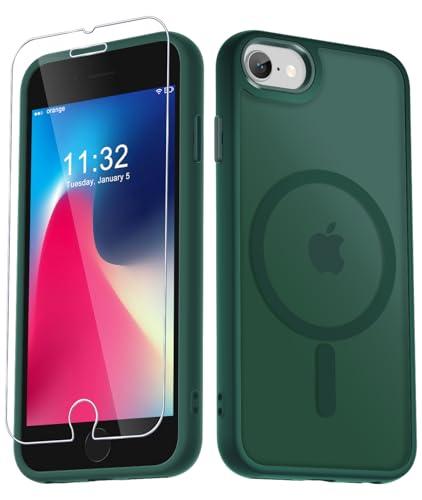 for iPhone SE Case 2022(3rd)/2020(2nd), iPhone 8/7 Case, with 1 Screen Protector, Matte Magnetic Slim Phone Cover, Support for Magsafe, Shockproof Protection Translucent Frosted Back,Dark Green