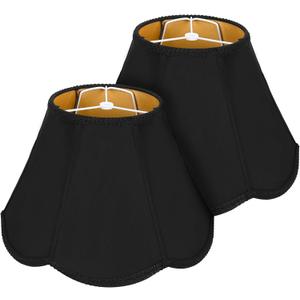 Bell Lamp Shades Set of 2, Scalloped Lamp Shades 7" Top x 14" Bottom x 10" Height, Lamp Shades for Table Lamps & Floor Light, Black Fabric Lampshades with Petal Edge Braid, Easy Assembly, Spider