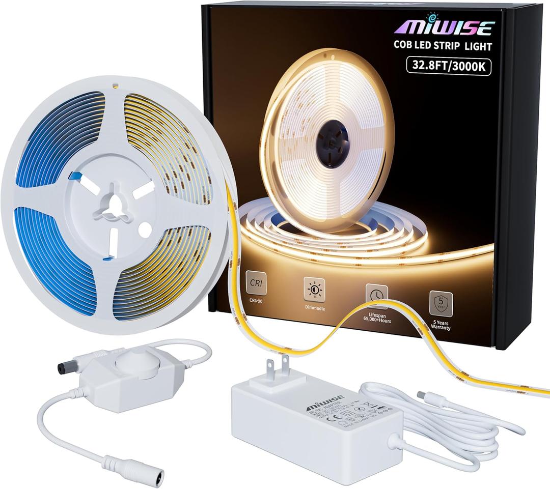 MIWISE COB LED Strip Light 32.8ft/10m,CRI 90+ Warm White 3000K High Lumen Dimmable Super Bright Flexible DC24V LED Tape Light with Controller/Dimmer,for Cabinet Home Office DIY Lighting Projects