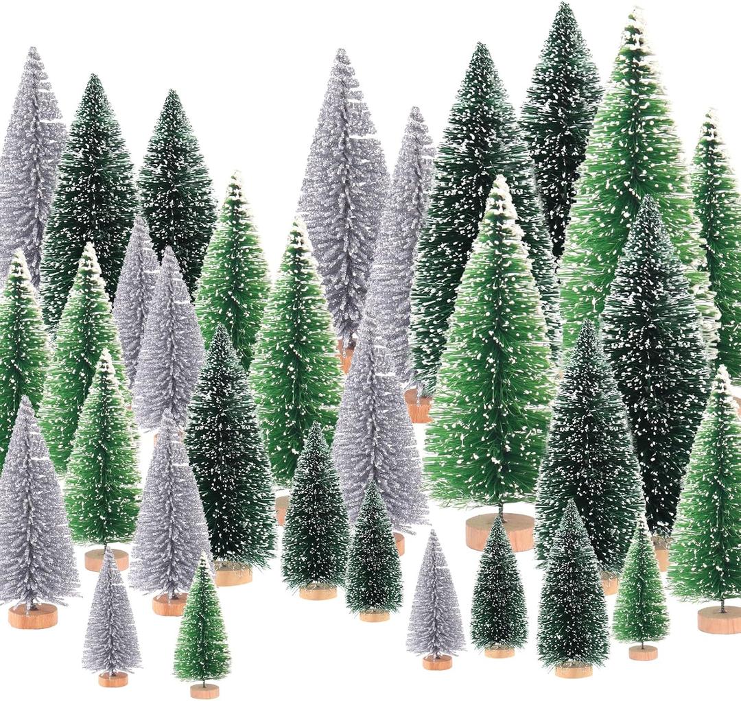 30Pcs Mini Christmas Trees - Artificial Christmas Tree Bottle Brush Trees with 5 Sizes, Snow Trees with Wooden Base for Christmas Party Home Table Craft Decor (Silver+Green+DarkGreen)