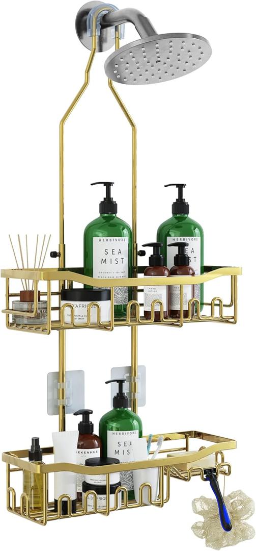 Shower Caddy, Extended Length Shower Organizer with Hooks, Rustproof Shampoo Soap Holder, Large Hanging Bathroom Caddy (Gold)