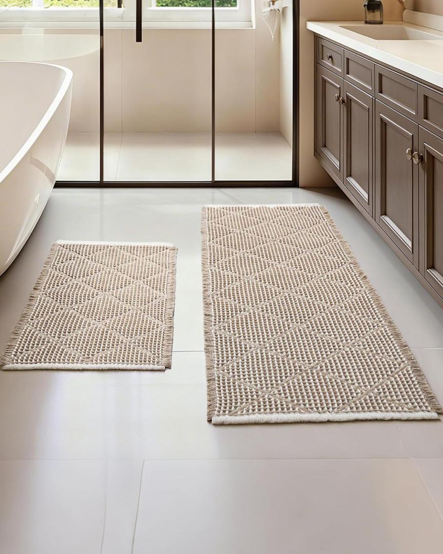 Waffle Bath Mat Set, Non Slip Bathroom Rugs Sets 2 Piece, Ultra Absorbent Long Bath Rug Runner for Bathroom Boho Chic Decor, Machine Washable Floor Mats, Brown & White, 20"47" Plus 18"30"