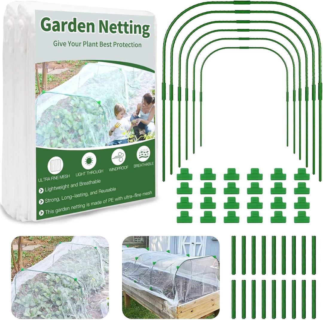 Garden Netting Kit for Raised Beds, 8x20ft Garden Netting Mesh with 6 Sets Garden Hoops (2FT Wide)  24 Clips, Garden Mesh Netting Kit Row Cover for Plant, Garden Protection, Birds Animals Barrier