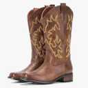 IUV Cowboy Boots For Women Square Toe Cowgirl Boots Mid Calf Western Boots Pull On Fashion Cowboy Boots 9