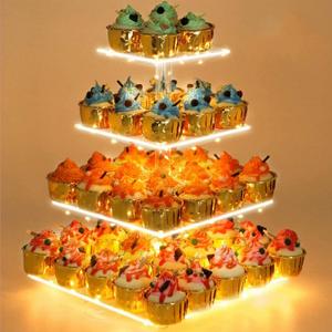 YestBuy 4 Tier Cupcake Stand Acrylic Tower Display with LED Light Premium Holder Dessert Tree Tower for Birthday Candy Bar Dcor Weddings, Parties Events (Yellow Light)