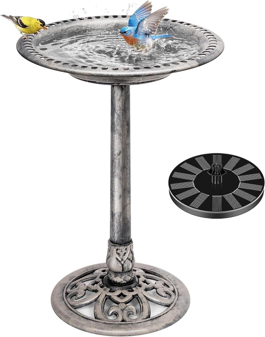 VIVOHOME Bird Bath with Solar Fountain for Outside, Polyresin Pedestal Bird Baths with Solar Powered Pump for Outdoor, Garden, Weather-Resistant Birdbaths with 20" Bowl, Gray