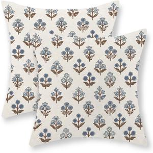 Brown Blue Pillow Covers 18x18 Set of 2 Boho Block Print Floral Pillow Cases Vintage Flower Pattern Decorative Throw Pillows Linen Outdoor Decor Farmhouse Cushion Cover for Couch Sofa Bed, Brown Blue Block Print Floral