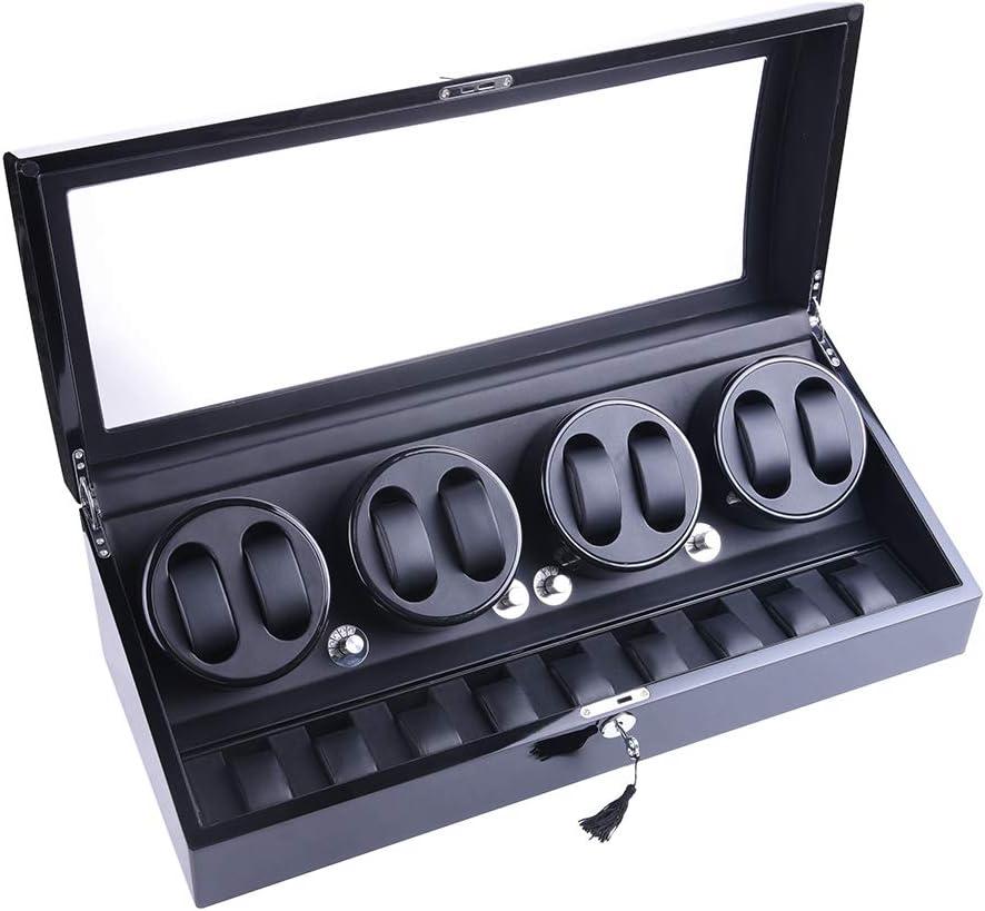 Luxury 4 Motor Quad Watch Winders for Automatic Watches, Safe & Wooden Display Box Case 8+9 Storage (Black) (Black)