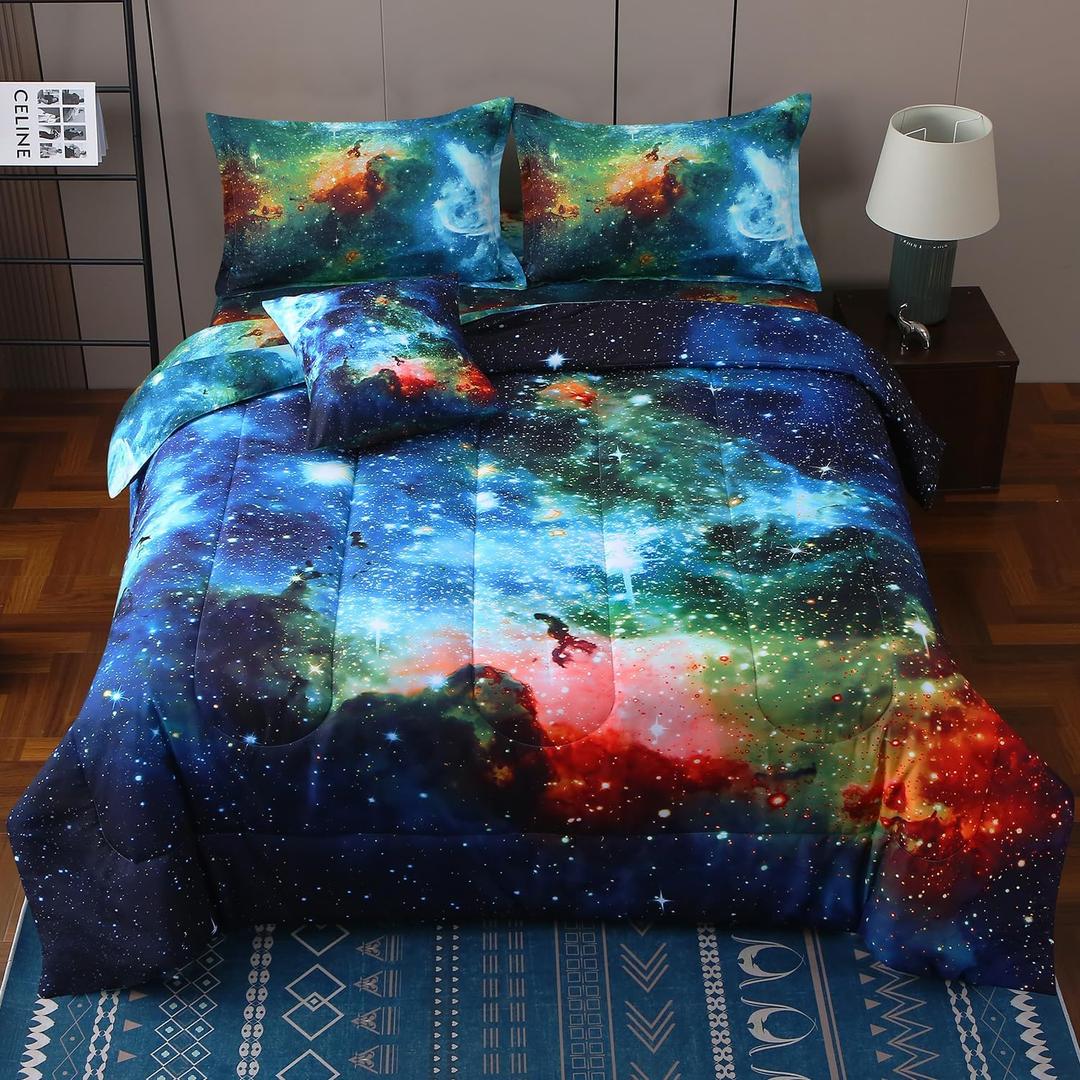 JQinHome Full Galaxy Comforter Sets 6 Piece Bed in A Bag, Outer Space Themed Bedding for Children Boy Girl Teen Kids,1 Comforter, 1 Flat Sheet, 1 Fitted Sheet, 2 Pillowshams, 1 Cushion Cover(Blue)