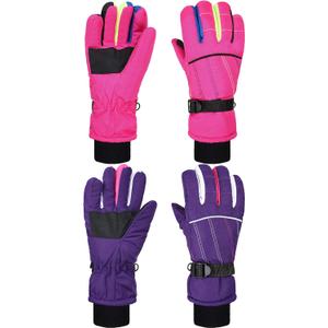 SATINIOR 2 Pairs Kids Waterproof Winter Snow Gloves Ski Gloves for Boy Girl Outdoor Warm Thickening Snowboar (6-10 Years, Pink, Purple)