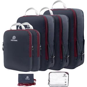Lightweight Compression Packing Cubes for Suitcases, Compressible Expandable Travel Packing Organizer with Clear Toiletries and Backpack Bag, Travel Essentials for Carry on Luggage 7 Set (Black/brownish Red)