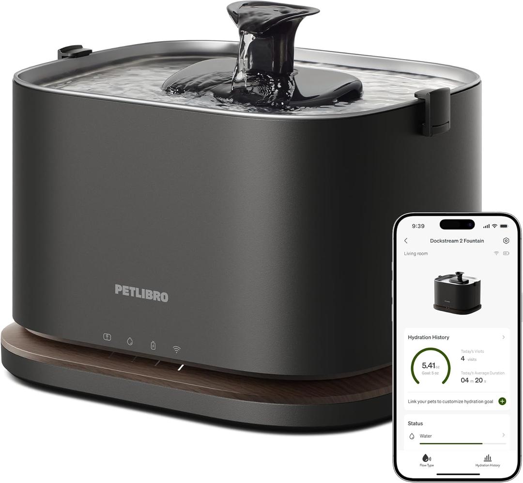 PETLIBRO Upgrade Cat Water Fountain, Cordless Cat Fountain Battery Operated, App Monitoring 3L/101oz Dockstream 2 Pet Water Fountain with Stainless Steel Tray, 5GHz WiFi Dog Water Bowl Dispenser (Black)