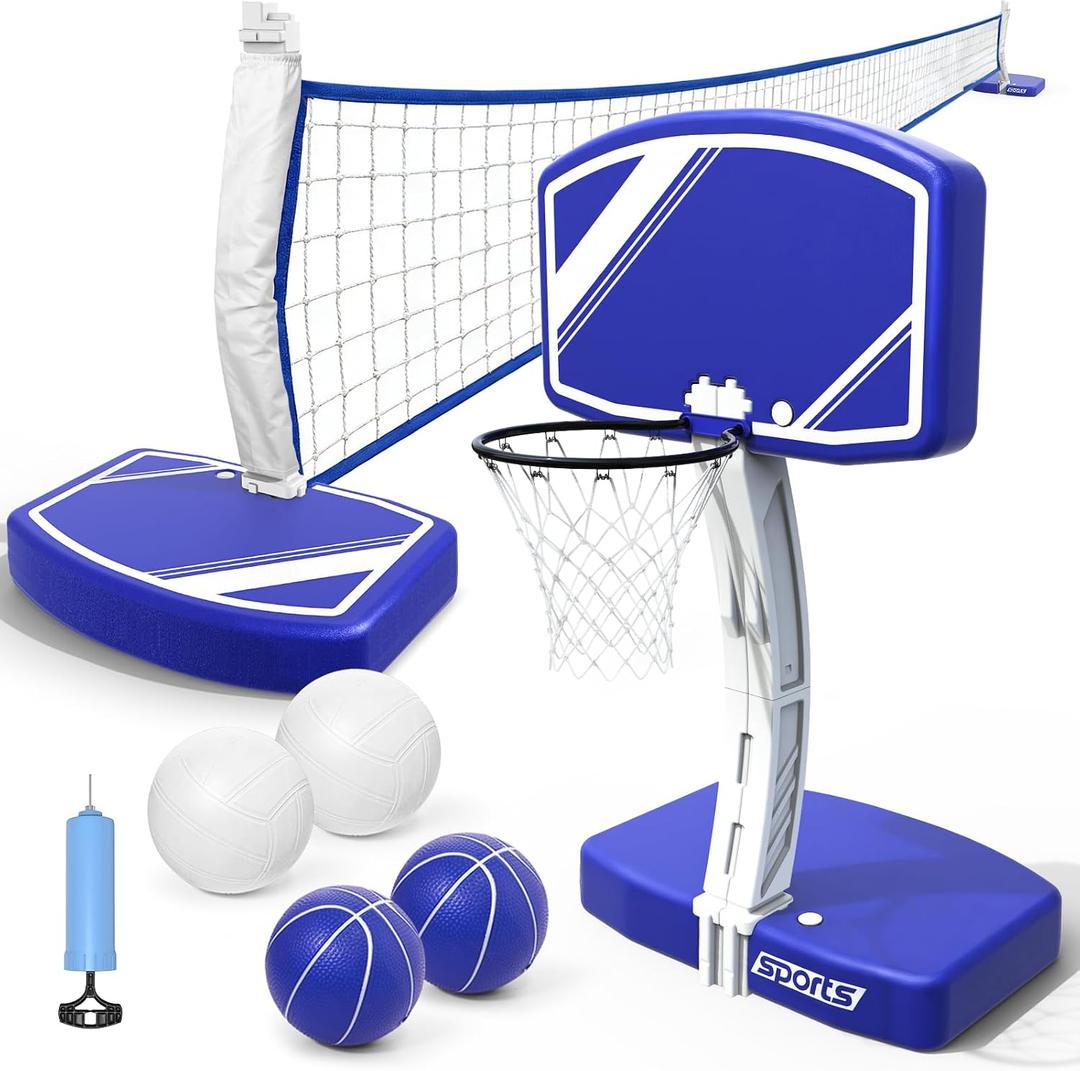 Pool Basketball Hoop&Pool Volleyball Net 2 in 1,Pool Toys Basketball Game with Weighted Base&Stand,2 Water Volleyball&2 Basketball and Pump,Summer Outdoor Family Party Pool Games for Kids Adults
