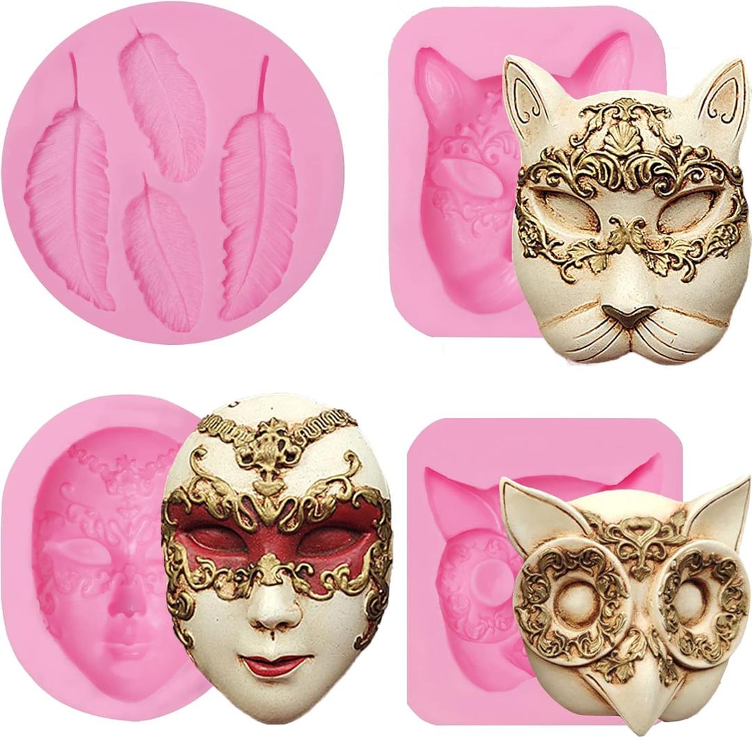 Mask Silicone Molds 4 Pcs, Masquerade Mask Chocolate Fondant Mold for Cake Decoration, Candy, Cupcake Topper, Cake Pop, Popsicle, Polymer Clay Crafts Jelly Resin Kitchen Decor Baking Tool