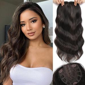 Rootoo Hair Toppers for Women, 20 Inch Toppers Hair pieces for Women with Thinning Hair Big Base Curly Wavy Wiglets Cover 360 3D Middle Part Clip in Bangs (Dark Brown with Highlights)