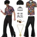 70s Disco Outfit Costume for Men, Include Shirt Bell Bottom Pants Wig Sunglasses Necklace Wig Cap, for Disco Party XXL